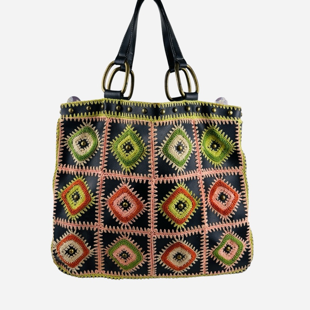 BCBG Girls Y2K Crochet Granny Square Tote Bag Boho Hippie Festival